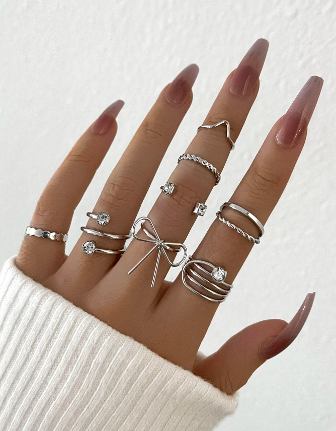 💚8 piezas Anillo con diseño diamante de imitación & de lazo