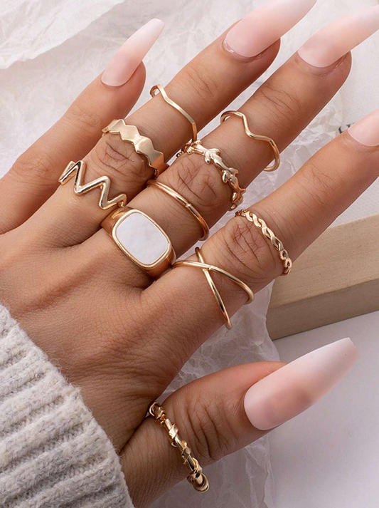 💚Juego De Anillos Torcidos Cruzados Y Irregulares Para Mujeres, Simple Y De Moda, 10 Piezas / Set