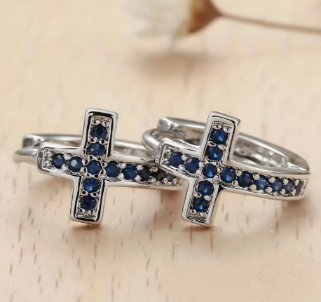 T❺❶🌻Conjunto de Cruz Azul con Pendientes de Zirconia Azul, Pendientes Minimalistas