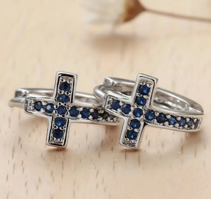 T❺❶🌻Conjunto de Cruz Azul con Pendientes de Zirconia Azul, Pendientes Minimalistas