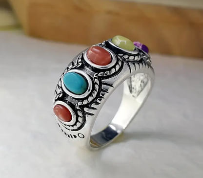 T❹❹🍂Anillo de aleación de zinc con incrustaciones de turquesa de estilo vintage para mujer