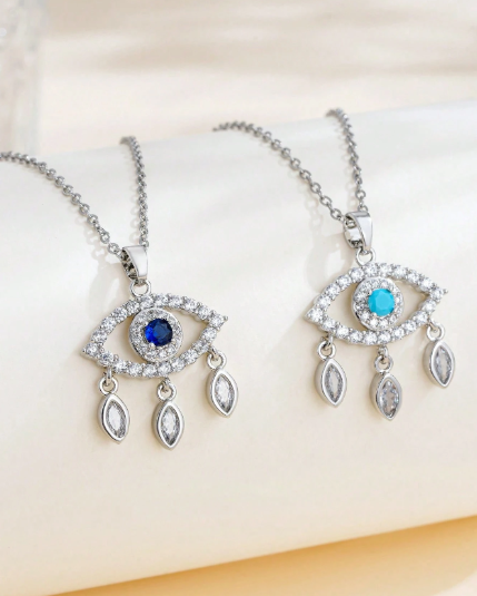 ❷❻🦋 1 pieza de cadena de acero inoxidable plateada con colgante de ojo de circonita azul con incrustaciones de cristal