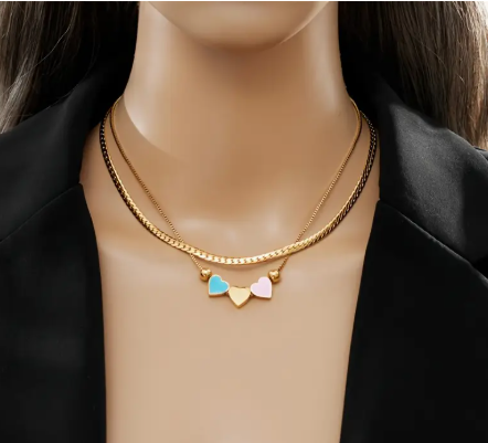 T❹❻🌹Collar de acero inoxidable de Bohemia Cadena de capa doble con dije de corazón