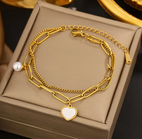 T❹❾💥Bracelete Elegante de Doble Capa con Corazón y Charm para Mujer