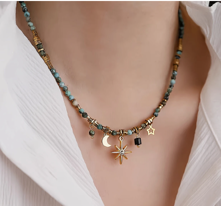 T❹❹🍂Collar de cuentas de piedra natural con diseño vintage elegante, con colgante de estrella