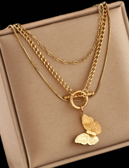 ❹❽🌻1 pieza Collar de cadena de suéter de moda de varios niveles con colgante de mariposa de acero inoxidable