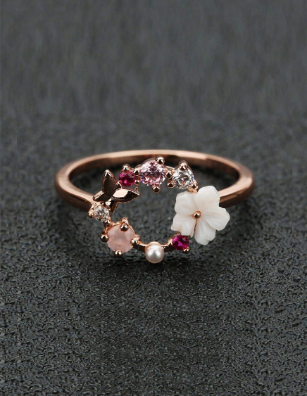 ❶❾☘️Anillo chapado en oro rosa con diseño de mariposa y flor