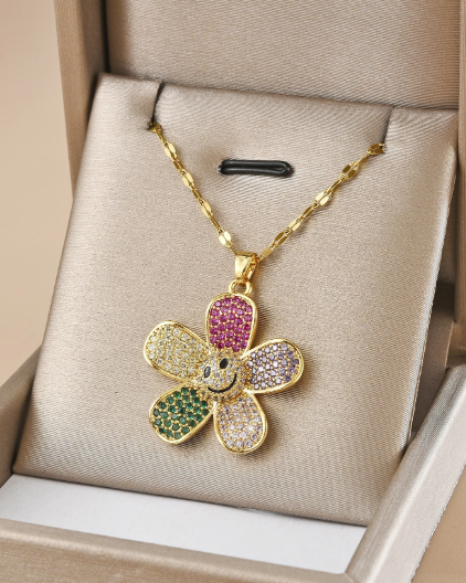 ❸❶🌸1 pieza de collar de acero inoxidable con forma de girasol pavimentado con rhinestones multicolor para uso diario de mujeres