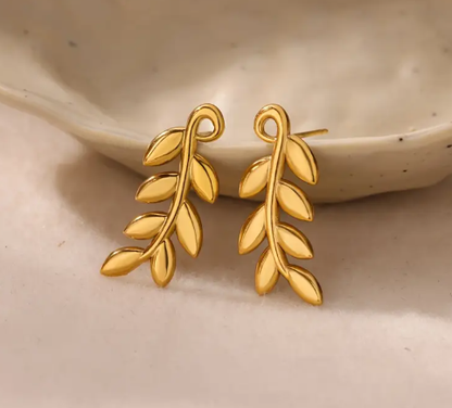 T❹❻🌹1 pza. Pendientes de hoja de árbol de acero inoxidable dorado elegante