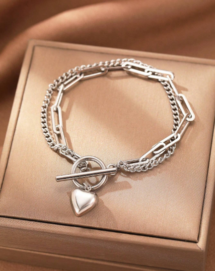 ❷❽💐Brazalete de acero inoxidable, elegante joyería fina para mujer con colgante de corazón vintage