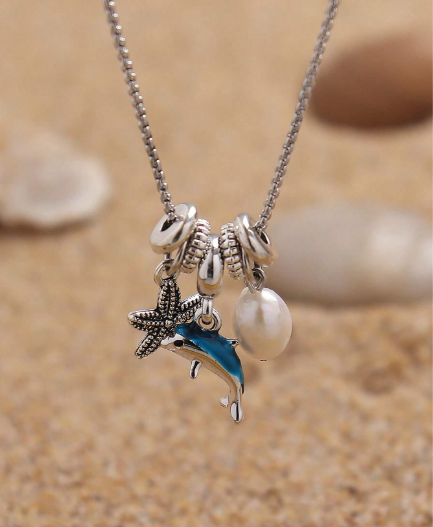 ❸❷🍁1 pieza Collar colgante de delfín mini con perla y estrella de mar en estilo de océano y playa, uso casual diario para mujer (el tamaño de las perlas varía de forma natural)