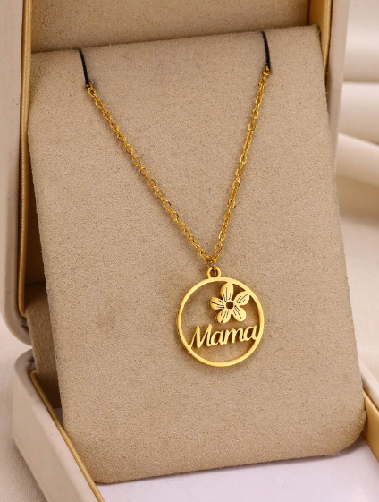 ❸❷🍁1 Pieza Collar colgante redondo con letra "Mama" y flor, chapado en oro de 18K de acero inoxidable ajustable para mujer, accesorios de moda, regalo para el Día de la Madre