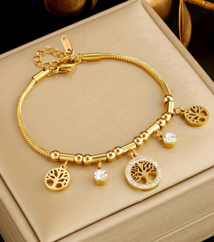 ❸❶🌸1 pieza Pulsera de cadena de acero inoxidable con colgante redondo del árbol de la vida incrustado de rhinestones, diseño de moda y versátil apto para uso diario