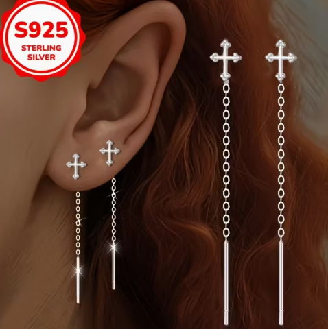 T❺❶🌻Par de pendientes elegantes de plata S925 con cruz y borlas para mujeres