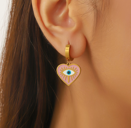T❹❺🦋Arete de acero inoxidable con colgante en forma de corazón rosa turquesa