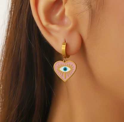 T❹❺🦋Arete de acero inoxidable con colgante en forma de corazón rosa turquesa