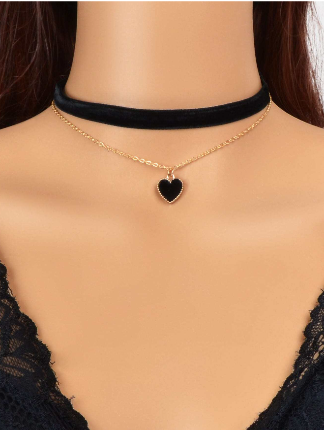 🌸🍒1 pieza Collar terciopelo negro goteo de aceite Love de doble capa cuello