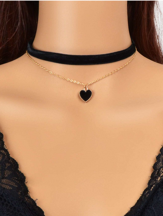 🌸🍒1 pieza Collar terciopelo negro goteo de aceite Love de doble capa cuello