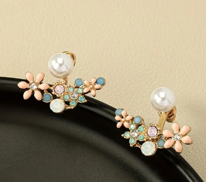 🍂T❹❹🍂Elegantes aretes de perlas florales, aleación de zinc chapada en oro de 14K