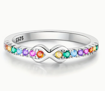T❹❺🦋1pc Anillo de Plata Esterlina 925 nuevo anillo infinito arcoíris con circonita