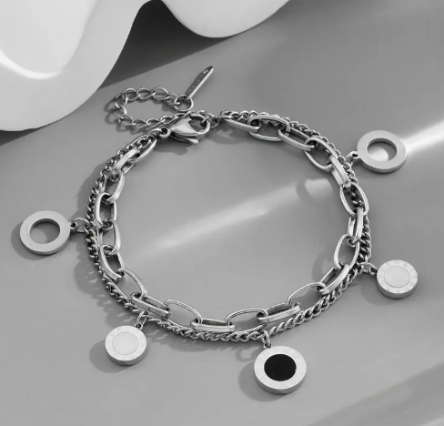 T❹❾💥1pieza Elegante Pulsera de Doble Capa de Acero Inoxidable 316L para Mujeres