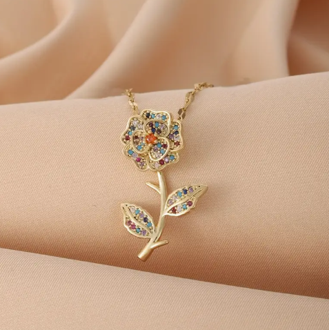 T❹❹🍂1pc Collar con Colgante de Peonía Elegante y Piedras Sintéticas de Zirconia Cúbica