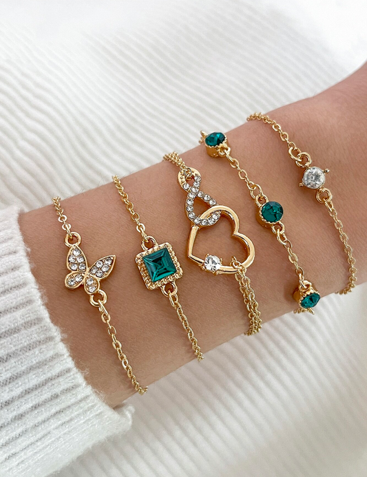 ❷❷🌿5 piezas/set Pulsera con diamante de imitación con diseño de mariposa y corazón