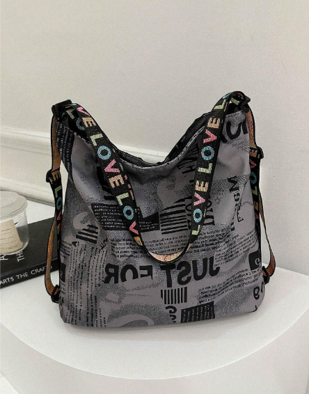 ❷⓿☀️Bolso tote de tela Oxford vintage con estampado de letras, gran capacidad, correa de hombro convertible