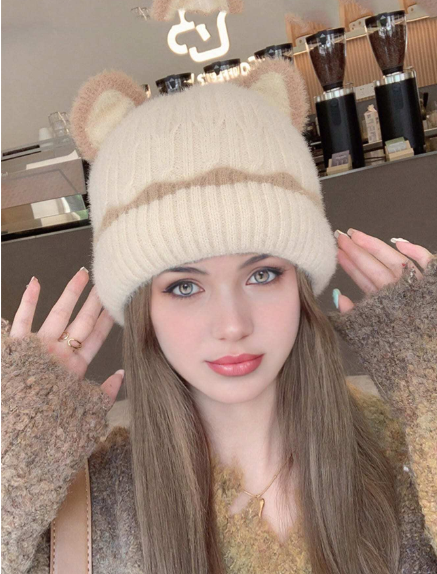 ❶❸🍁1 pieza Gorro de punto con orejas lindas para mujer, prenda para la cabeza cálida para invierno y esquí