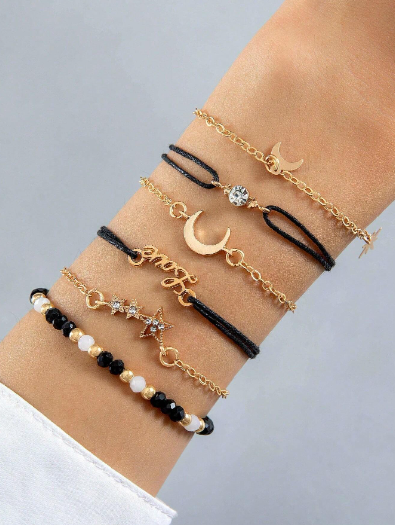 ❶❺🍄 6 Unids/set Pulseras De Cuentas Hechas A Mano De Aleación Simple Multicolor Con Detalle De Estrella, Luna Y Diamantes De Imitación