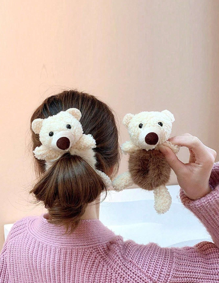 ❶❸🍁1 Pieza Scrunchie De Pelo De Peluche Para Mujer En Color Caramelo Con Diseño De Oso