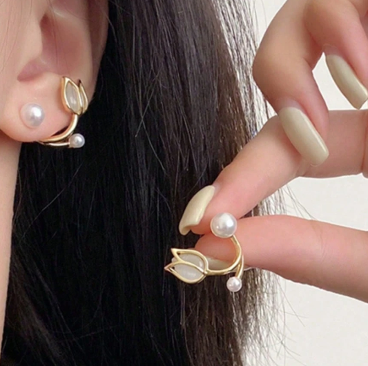 ❹❺🦋1 par de pendientes elegantes con diseño de perla en forma de tulipán