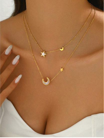 ❶❾☘️1 pieza Collar de acero inoxidable con baño de oro,doble capa con estrellas y luna de concha púrpura