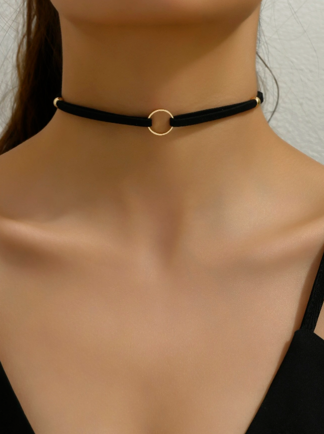 🍒1 pieza de mujeres de doble capa negro de serraje falso PU Collar gargantilla con estilo gótico colgante de anillo