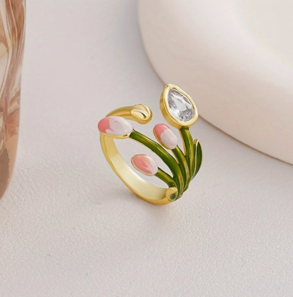 T❹❺🦋Anillo de Esmalte Ajustable con Tulipán y Hoja para Mujer - Diseño Floral Dorado