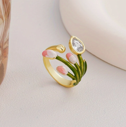 T❹❺🦋Anillo de Esmalte Ajustable con Tulipán y Hoja para Mujer - Diseño Floral Dorado