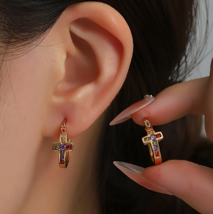T❹❺🦋1 Par de Pendientes Elegantes de Cruz de Cobre con Circonita Cúbica Colorida