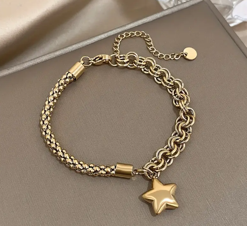 T❷❾🏵️ Pulsera de cadena gruesa de acero inoxidable con colgante de estrella de estrás - Joyería de muñeca de moda para bodas