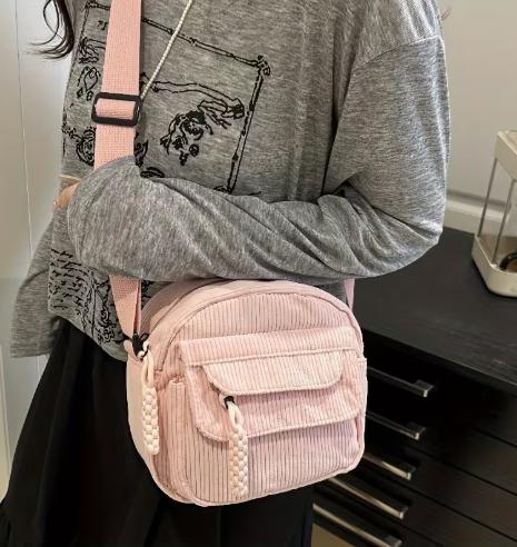 T❺❺🍄Bolso Mini Retro de Pana con Correa Ajustable y Cierre de Cremallera