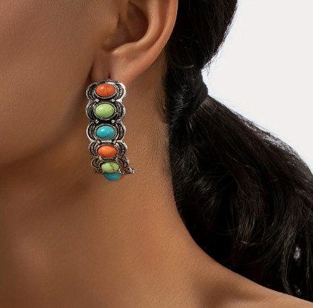 T❹❺🦋Pendientes de Botón Redondos de Estilo Bohemio Vintage con Turquesa Colorida