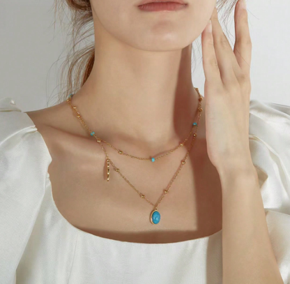 ❹❽🌻1 pieza Collar de acero inoxidable de capas con hoja de turquesa estilo vintage