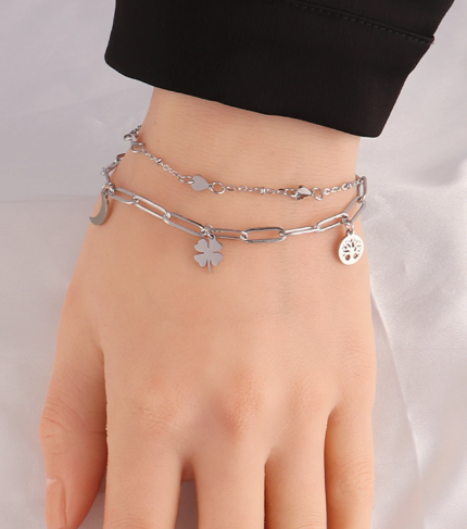 ❷❻🦋de acero inoxidable Pulsera para mujeres bohemio de doble capa
