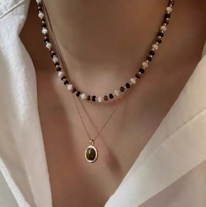 T❺❸💫Collar Vintage de Doble Capa con Cuentas y Colgante de Ojo de Tigre Natural