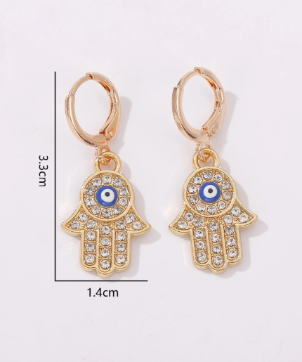 T❹❶💐Pendientes largo mano Hamsa decoración del mal de ojo con diamante de imitación