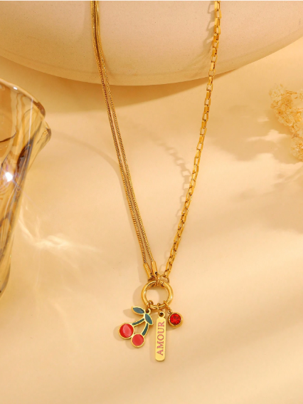 ❸❶🌸 1 pieza Collar de acero inoxidable multiaccesorio con cereza de moda colorida, combinación de colores, exhibición de personalidad, adecuado para uso diario/regalos para fiestas