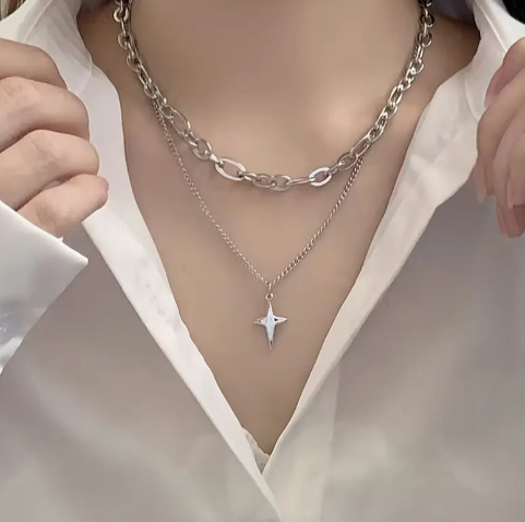 T❺❸💫Collar de doble capa minimalista con colgante de cielo estrellado