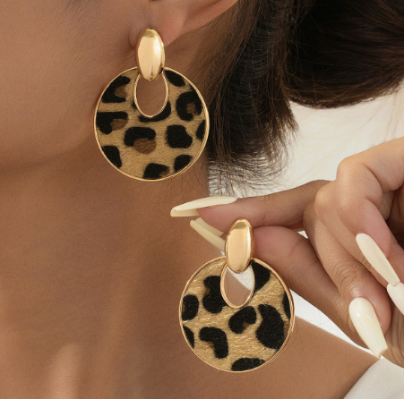 T❹❺🦋1 Par de Pendientes de Círculo Metálicos con Estampado de Leopardo y Estilo Vintage
