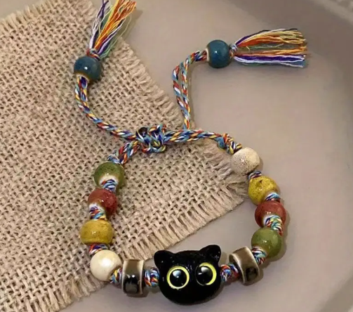 T❹⓿🍁 Brazaletes de muñeca de gato cerámico y calaveras tejidos, elegante brazalete de cuentas multicolores de estilo chino