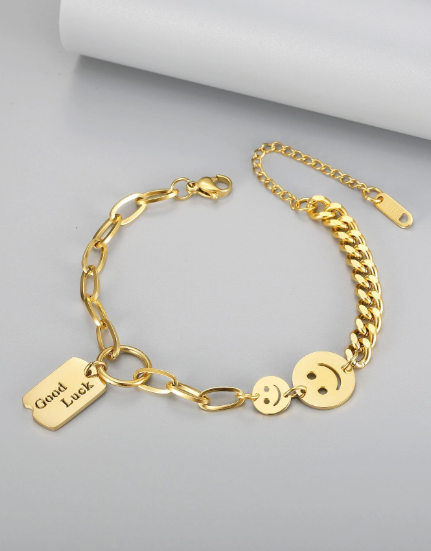 ❷❺🌷1 pulsera de acero inoxidable con cara sonriente de buena suerte para mujer