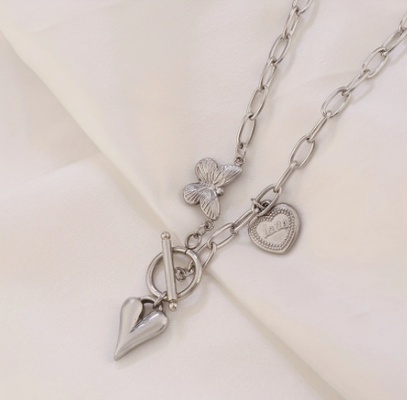 T❹❺🦋1pc Collar de Acero Inoxidable con Dije de Corazón y Mariposa para Mujer